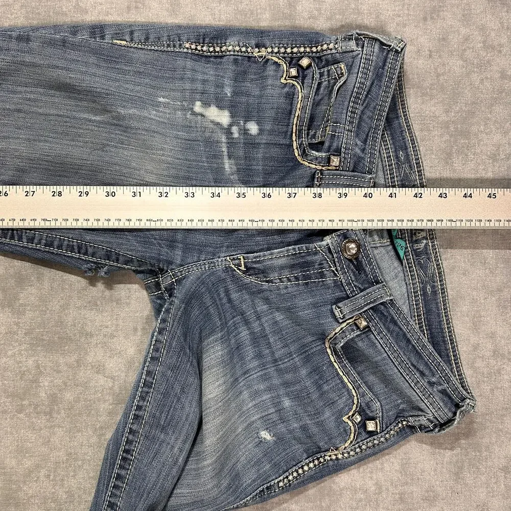 Ariat Denim Embroidered Studded Low Rise Bootcut Jeans Turquoise Wms 29 Western